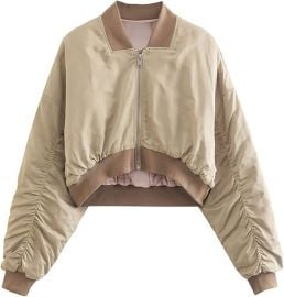 Cropped Quilted Jacket Long Sleeve Zip Up Casual Flight Bomber Jacket at Amazon